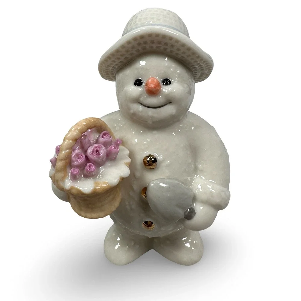Vintage Lenox 2000 Snowman Figurine May Flowers Basket Porcelain Gold Accents